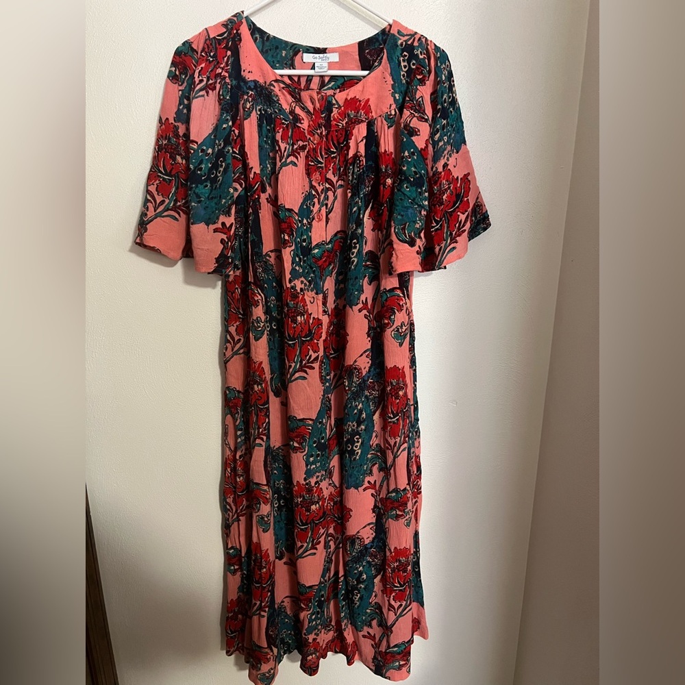 GO SOFTLY Classic Floral Print Midi Summer Patio Dress Mumu Pink Green‎ Wms Sz M